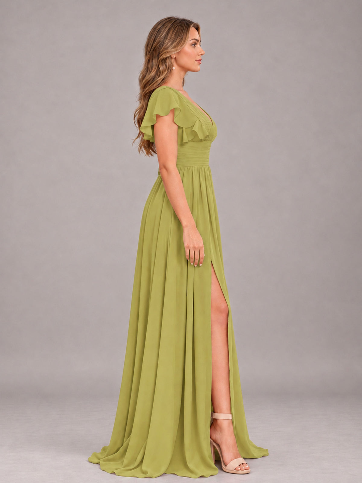 Chartreuse Sexy V-Neck Slit Floor Length Bridesmaid Dress With Pockets
