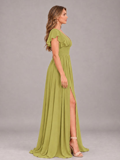 Chartreuse Sexy V-Neck Slit Floor Length Bridesmaid Dress With Pockets