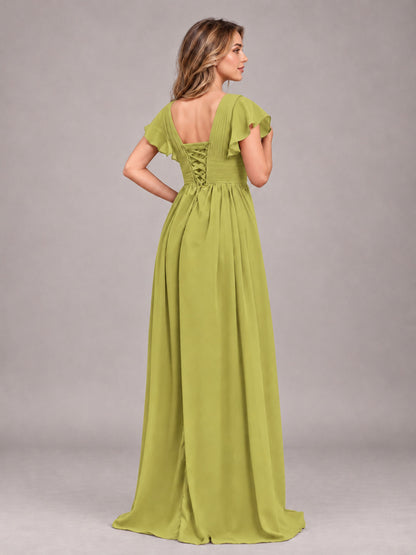 Chartreuse Sexy V-Neck Slit Floor Length Bridesmaid Dress With Pockets