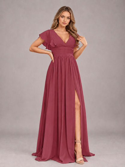 Cinnamon Rose Sexy V-Neck Slit Floor Length Bridesmaid Dress With Pockets