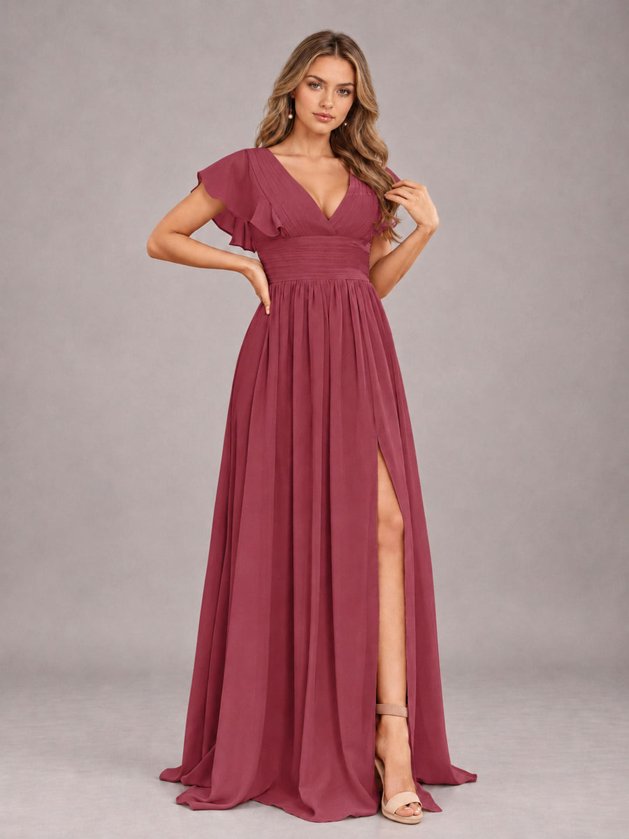 Cinnamon Rose Sexy V-Neck Slit Floor Length Bridesmaid Dress With Pockets