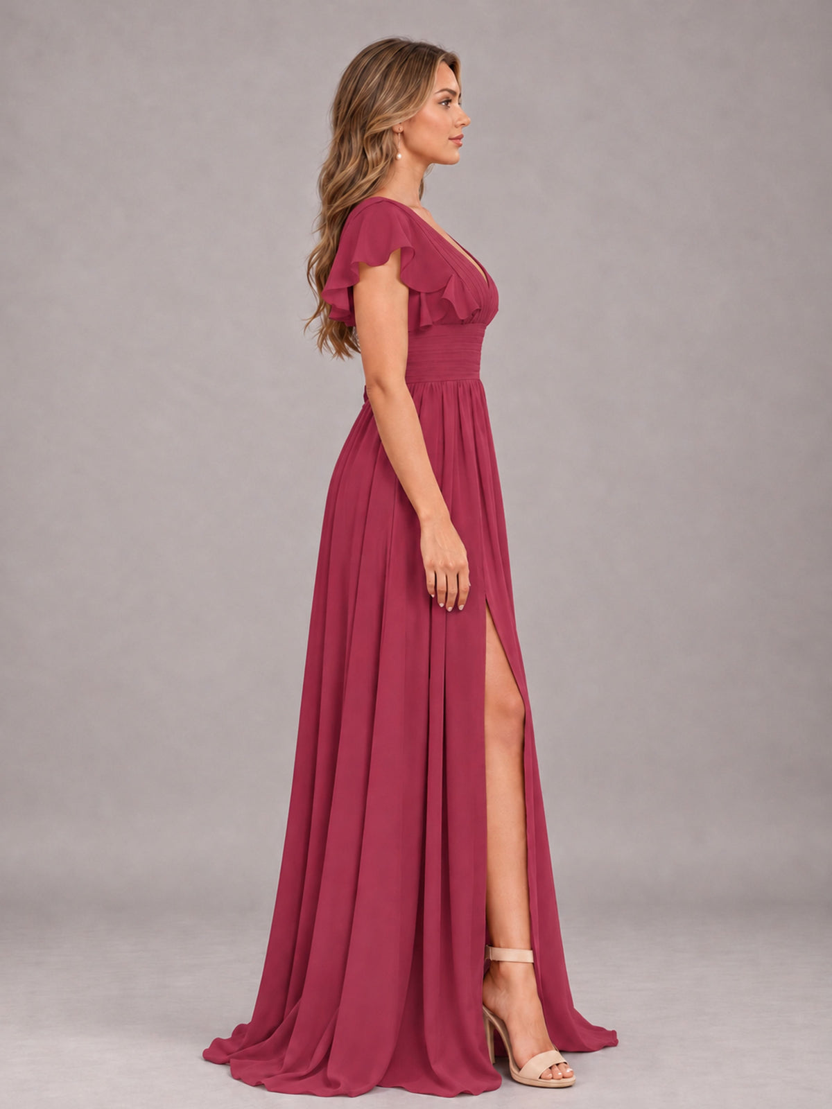 Cinnamon Rose Sexy V-Neck Slit Floor Length Bridesmaid Dress With Pockets
