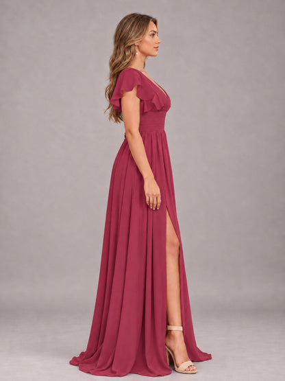 Cinnamon Rose Sexy V-Neck Slit Floor Length Bridesmaid Dress With Pockets