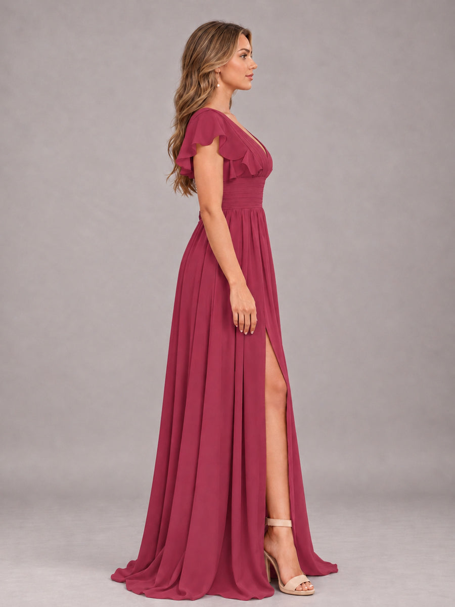 Cinnamon Rose Sexy V-Neck Slit Floor Length Bridesmaid Dress With Pockets