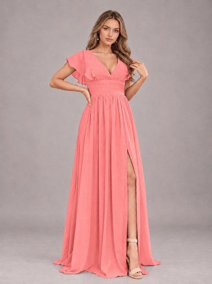 Coral Sexy V-Neck Slit Floor Length Bridesmaid Dress With Pockets