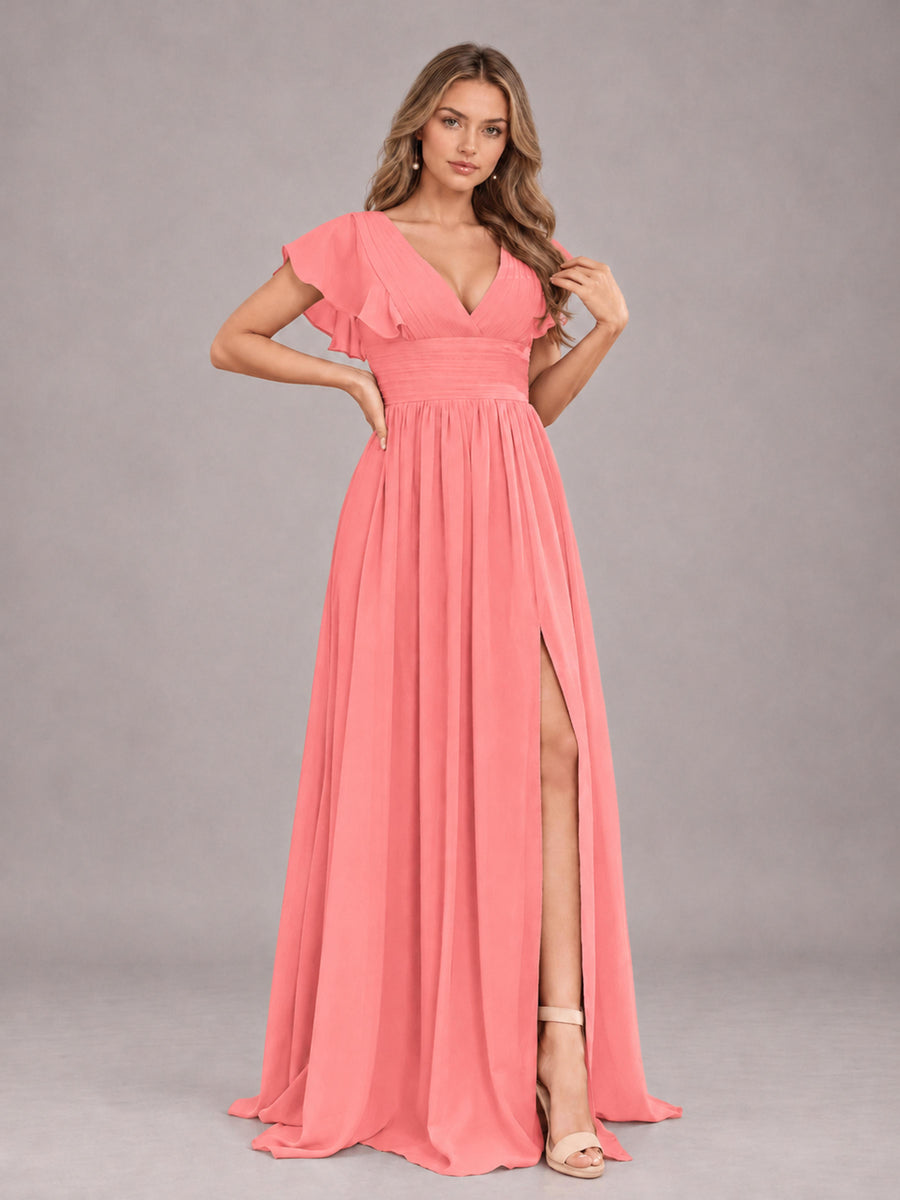 Coral Sexy V-Neck Slit Floor Length Bridesmaid Dress With Pockets