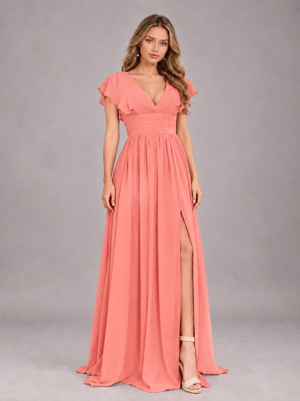 Coral Sexy V-Neck Slit Floor Length Bridesmaid Dress With Pockets