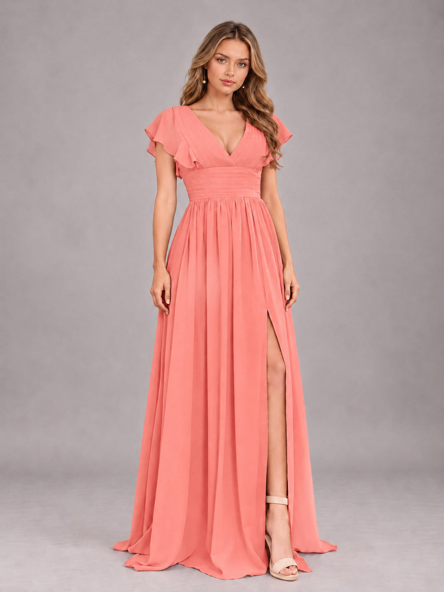 Coral Sexy V-Neck Slit Floor Length Bridesmaid Dress With Pockets