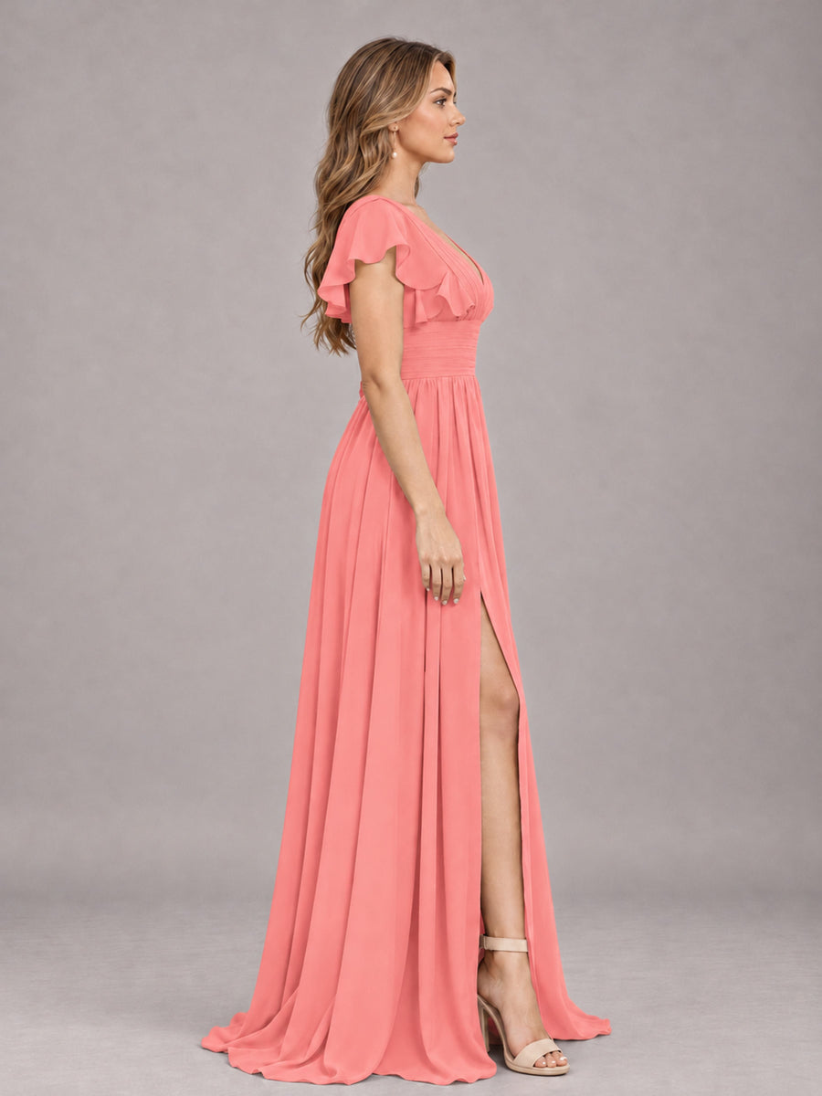 Coral Sexy V-Neck Slit Floor Length Bridesmaid Dress With Pockets