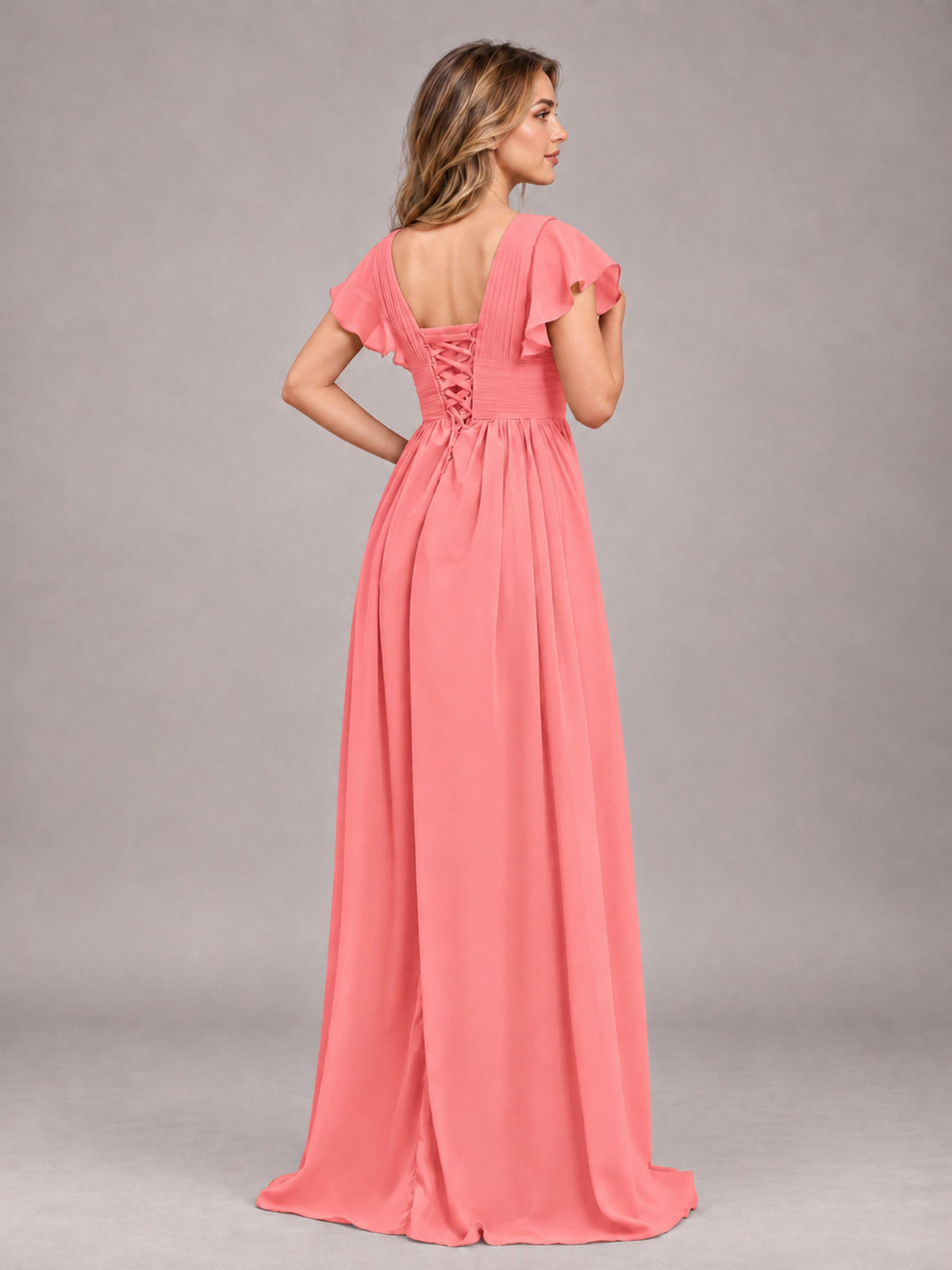 Coral Sexy V-Neck Slit Floor Length Bridesmaid Dress With Pockets