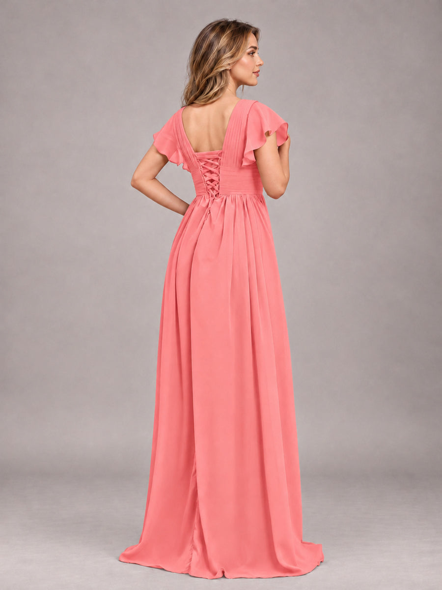 Coral Sexy V-Neck Slit Floor Length Bridesmaid Dress With Pockets