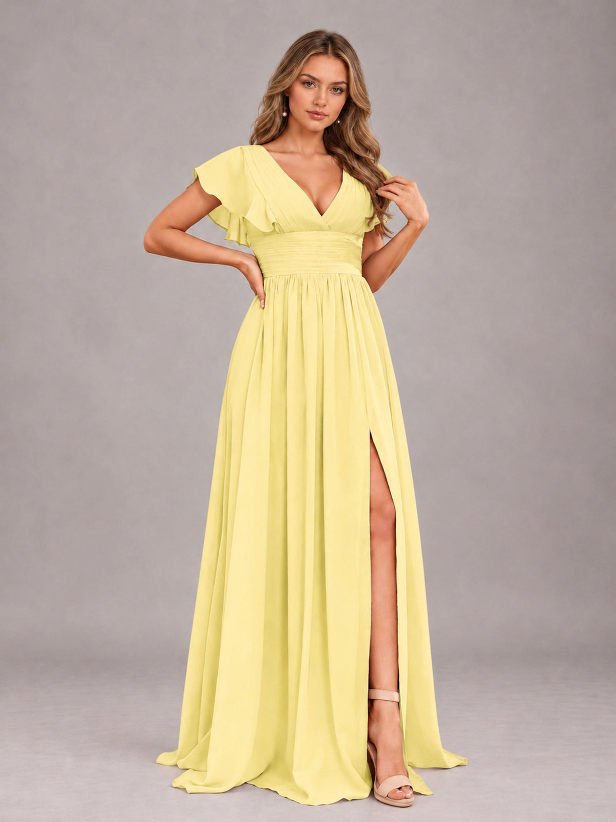 Daffodil Sexy V-Neck Slit Floor Length Bridesmaid Dress With Pockets