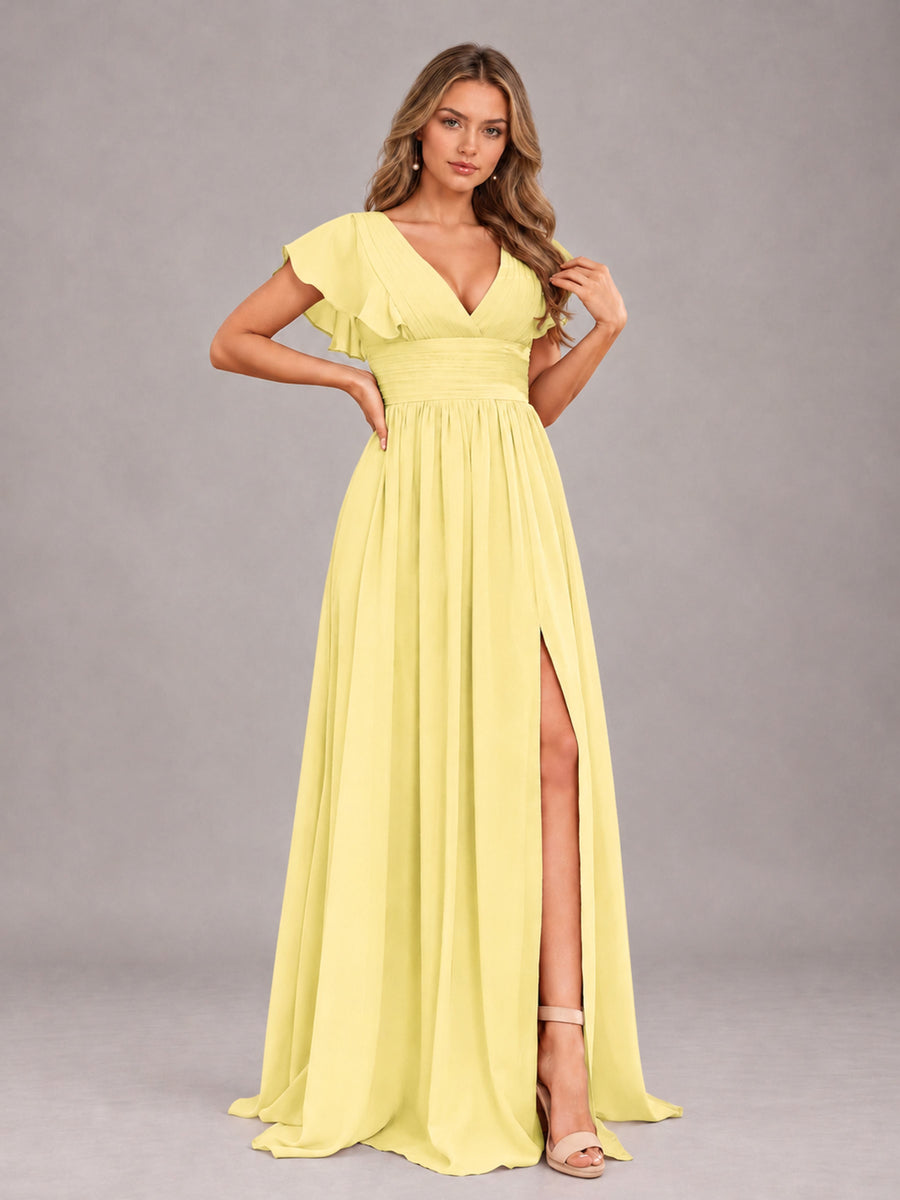 Daffodil Sexy V-Neck Slit Floor Length Bridesmaid Dress With Pockets