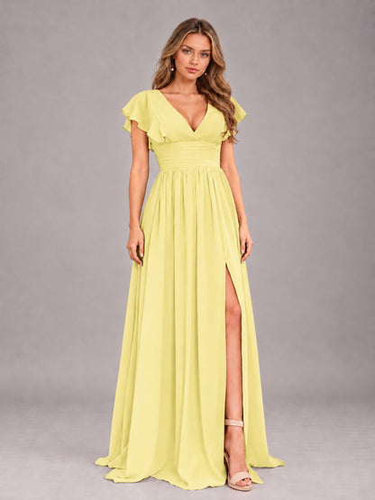 Daffodil Sexy V-Neck Slit Floor Length Bridesmaid Dress With Pockets