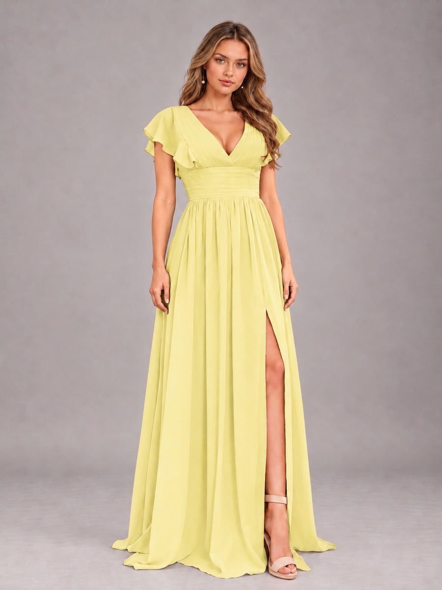Daffodil Sexy V-Neck Slit Floor Length Bridesmaid Dress With Pockets