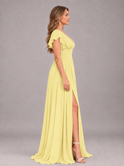 Daffodil Sexy V-Neck Slit Floor Length Bridesmaid Dress With Pockets