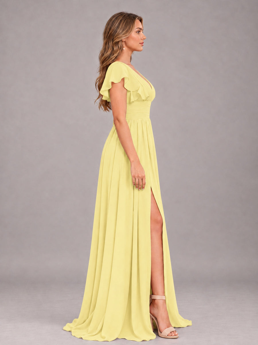 Daffodil Sexy V-Neck Slit Floor Length Bridesmaid Dress With Pockets