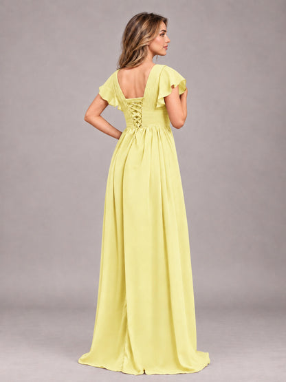 Daffodil Sexy V-Neck Slit Floor Length Bridesmaid Dress With Pockets