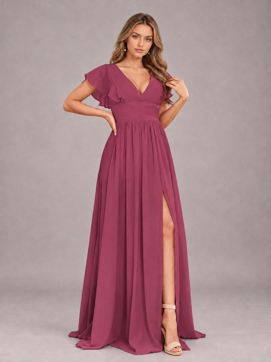 Desert Rose Sexy V-Neck Slit Floor Length Bridesmaid Dress With Pockets