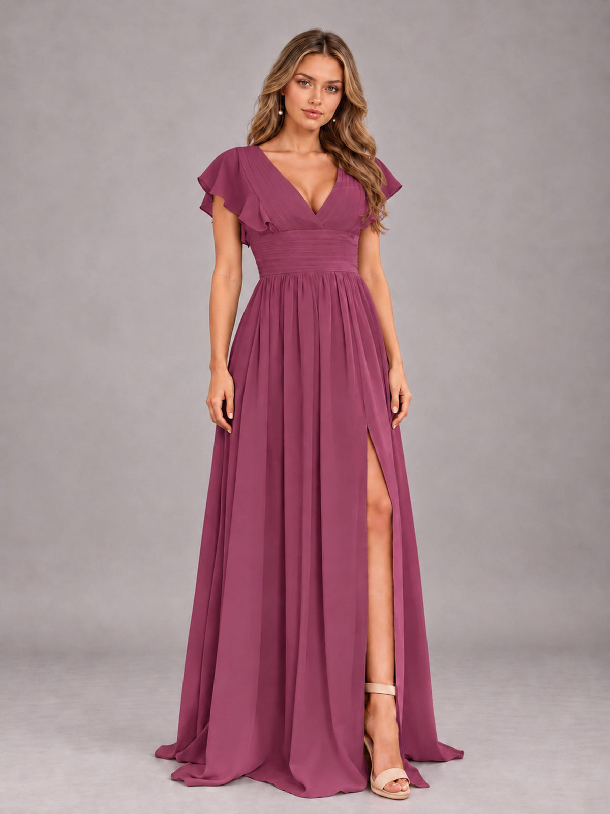 Desert Rose Sexy V-Neck Slit Floor Length Bridesmaid Dress With Pockets