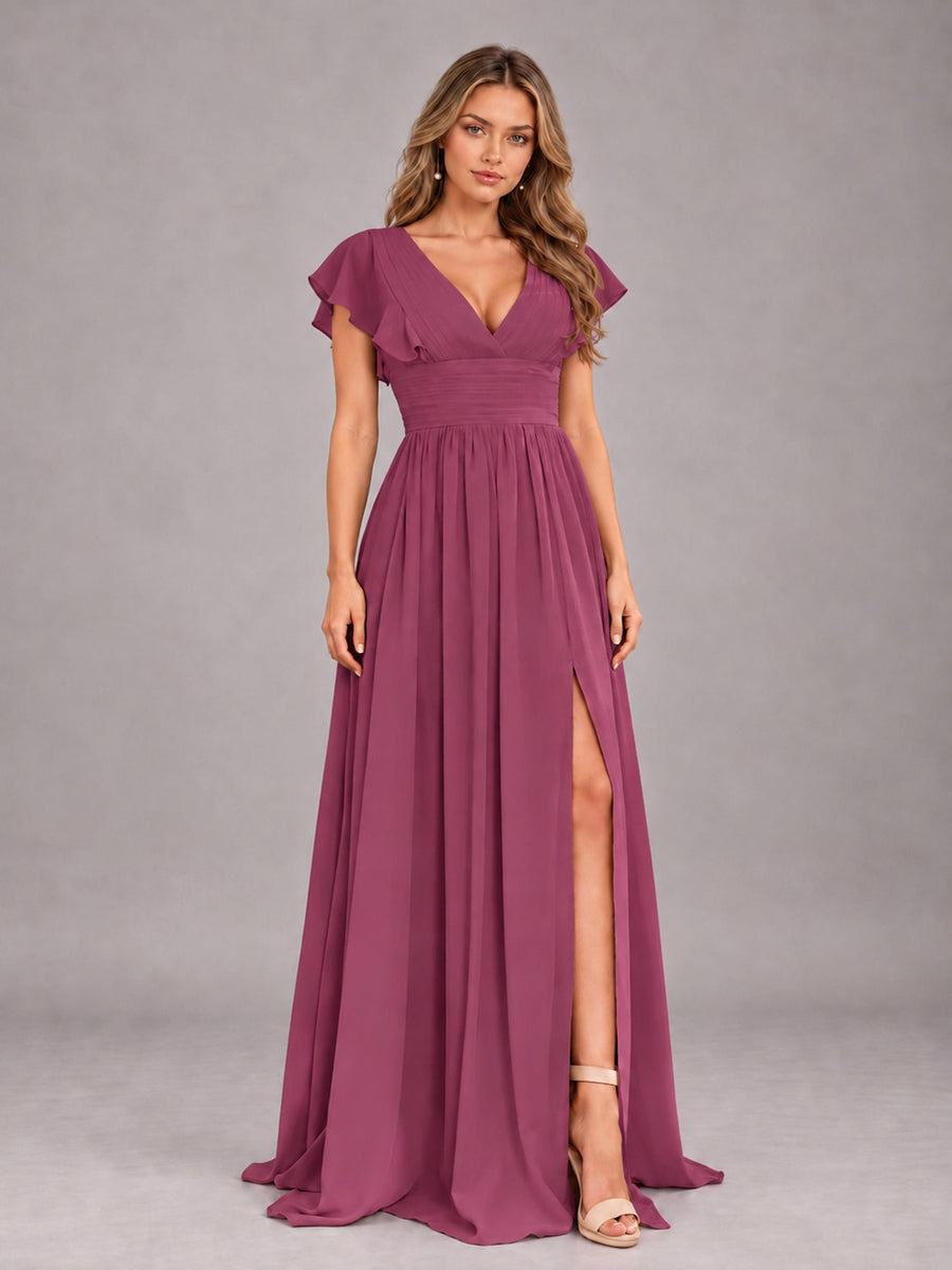 Desert Rose Sexy V-Neck Slit Floor Length Bridesmaid Dress With Pockets