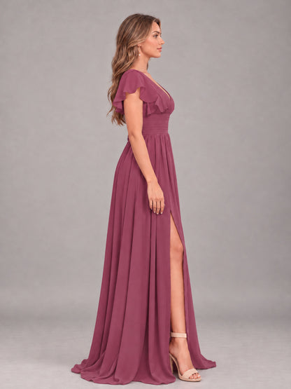 Desert Rose Sexy V-Neck Slit Floor Length Bridesmaid Dress With Pockets