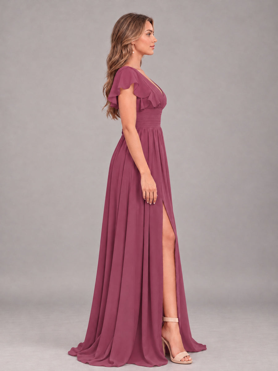 Desert Rose Sexy V-Neck Slit Floor Length Bridesmaid Dress With Pockets