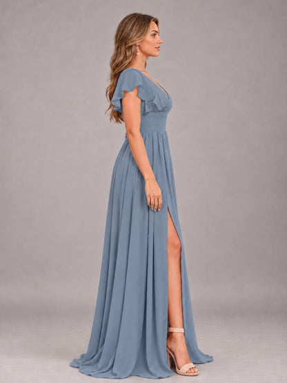 Dusty Blue Sexy V-Neck Slit Floor Length Bridesmaid Dress With Pockets