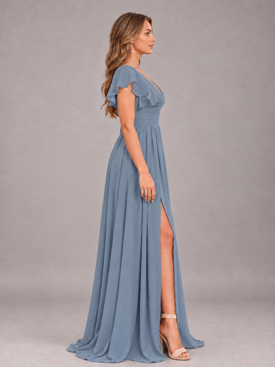 Dusty Blue Sexy V-Neck Slit Floor Length Bridesmaid Dress With Pockets