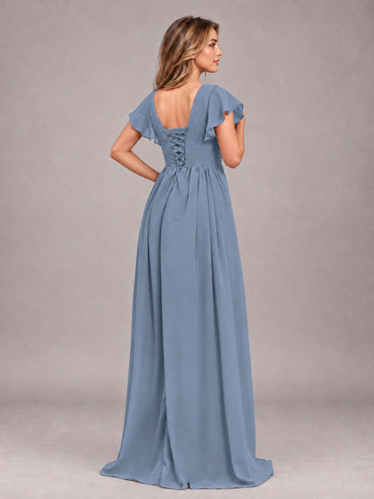 Dusty Blue Sexy V-Neck Slit Floor Length Bridesmaid Dress With Pockets