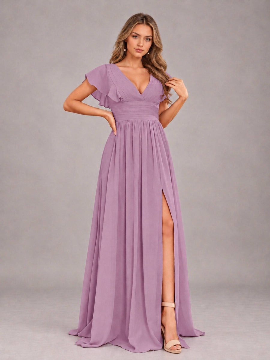 Dusty Purple Sexy V-Neck Slit Floor Length Bridesmaid Dress With Pockets