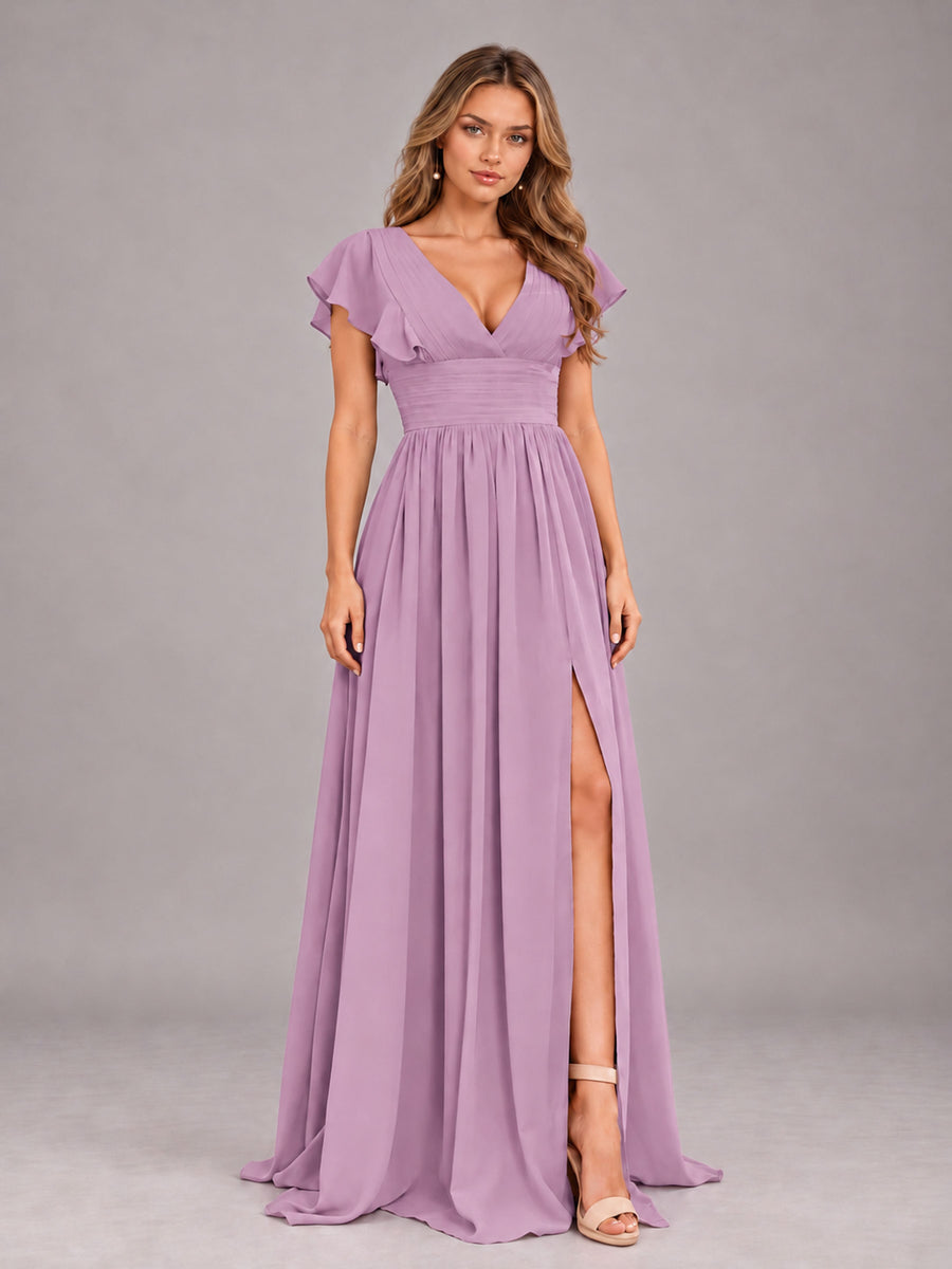 Dusty Purple Sexy V-Neck Slit Floor Length Bridesmaid Dress With Pockets