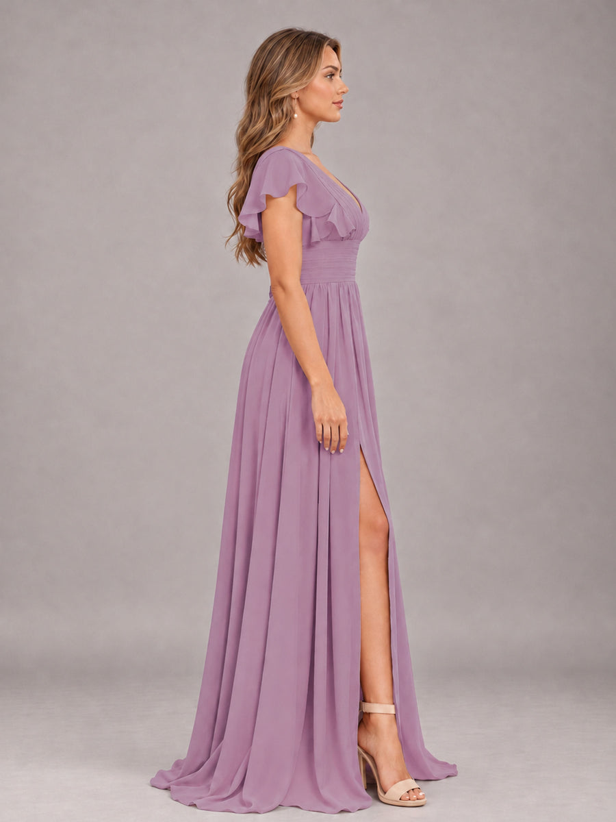 Dusty Purple Sexy V-Neck Slit Floor Length Bridesmaid Dress With Pockets