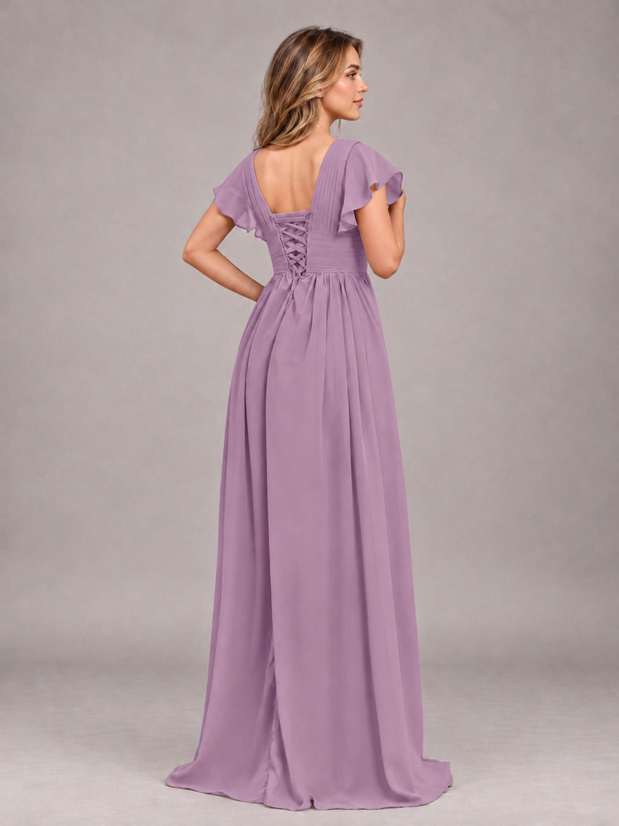 Dusty Purple Sexy V-Neck Slit Floor Length Bridesmaid Dress With Pockets