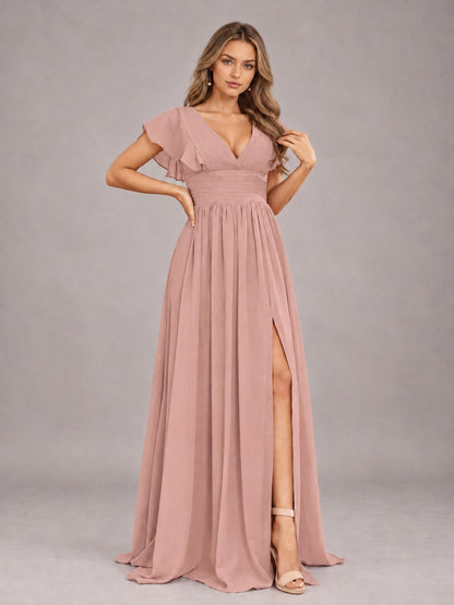 Dusty Rose Sexy V-Neck Slit Floor Length Bridesmaid Dress With Pockets