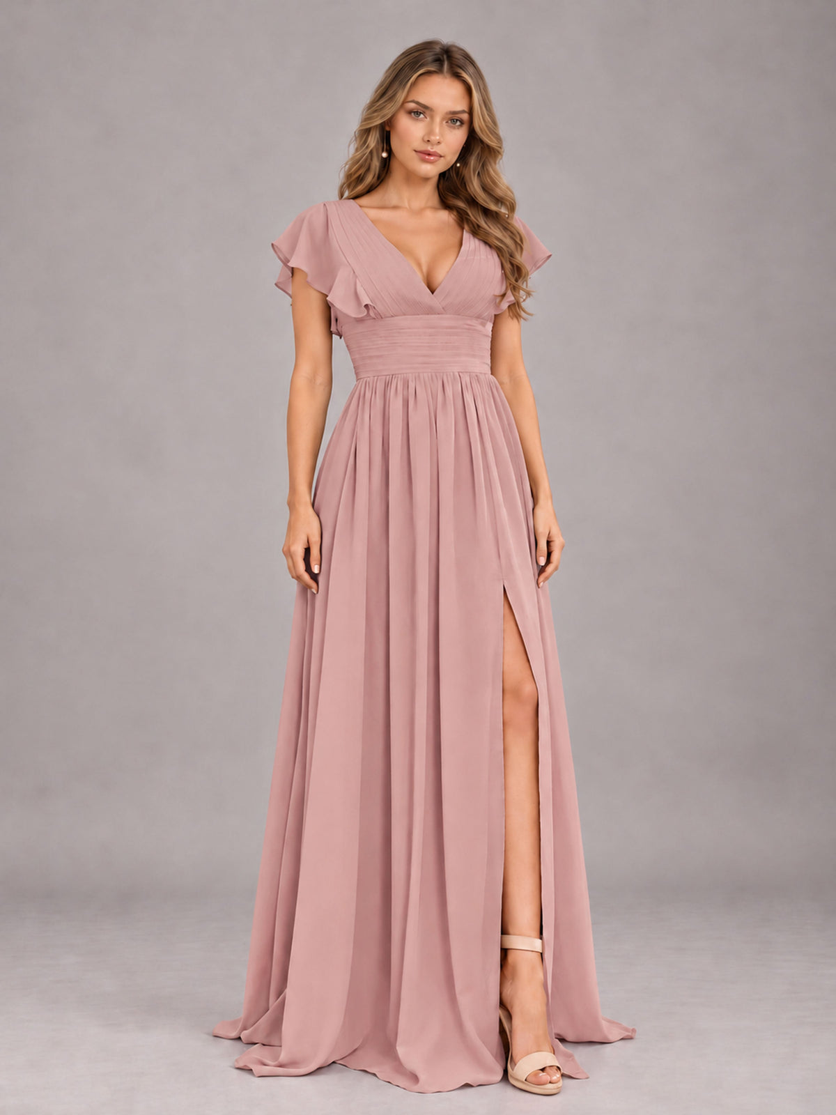 Dusty Rose Sexy V-Neck Slit Floor Length Bridesmaid Dress With Pockets