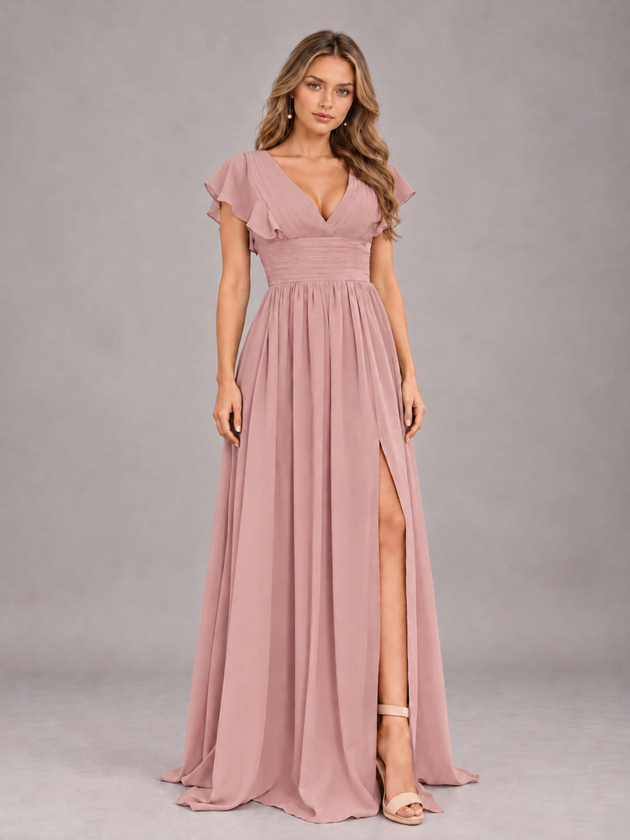 Dusty Rose Sexy V-Neck Slit Floor Length Bridesmaid Dress With Pockets