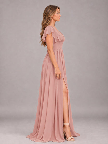 Dusty Rose Sexy V-Neck Slit Floor Length Bridesmaid Dress With Pockets