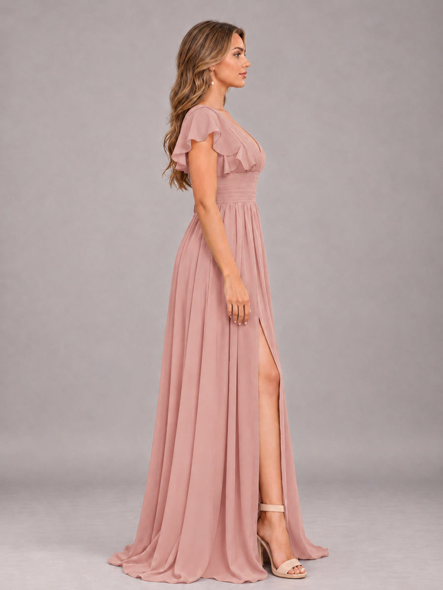Dusty Rose Sexy V-Neck Slit Floor Length Bridesmaid Dress With Pockets