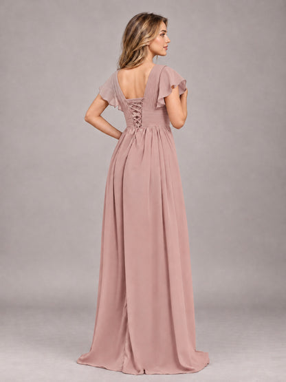 Dusty Rose Sexy V-Neck Slit Floor Length Bridesmaid Dress With Pockets