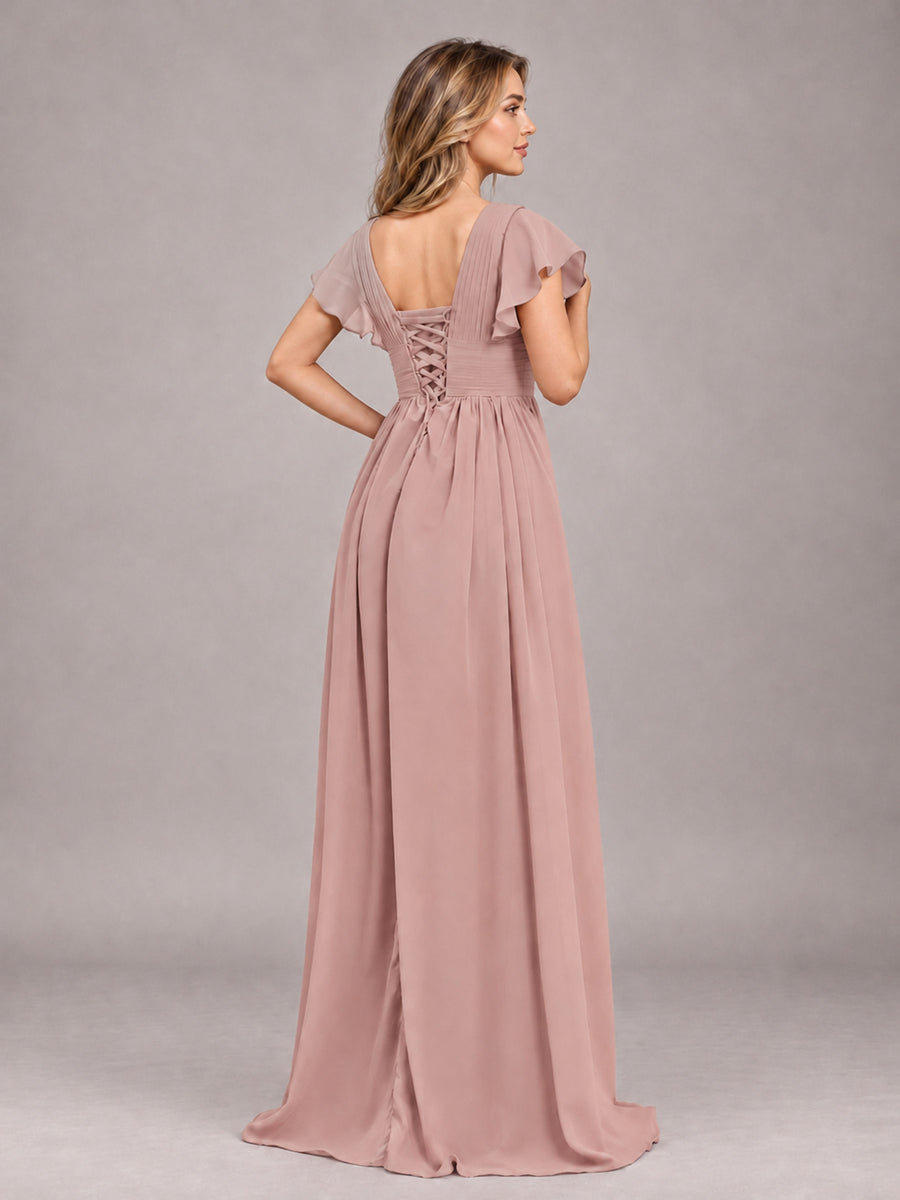 Dusty Rose Sexy V-Neck Slit Floor Length Bridesmaid Dress With Pockets