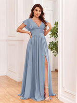 Sexy V-Neck Slit Floor Length Bridesmaid Dresses With Pockets