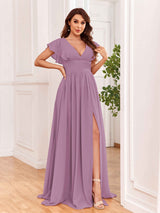 Sexy V-Neck Slit Floor Length Bridesmaid Dresses With Pockets