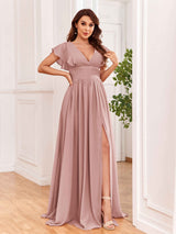 Sexy V-Neck Slit Floor Length Bridesmaid Dresses With Pockets