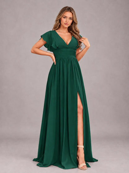 Emerald Green Sexy V-Neck Slit Floor Length Bridesmaid Dress With Pockets