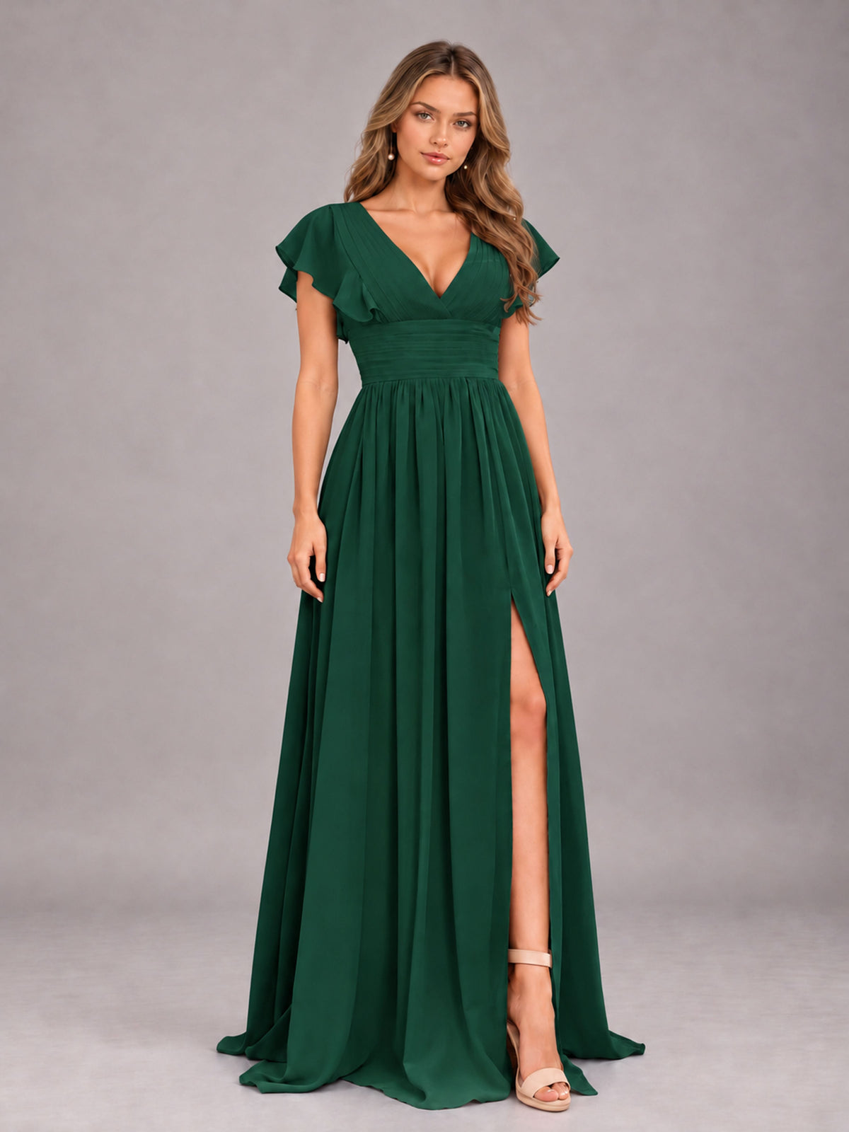 Emerald Green Sexy V-Neck Slit Floor Length Bridesmaid Dress With Pockets