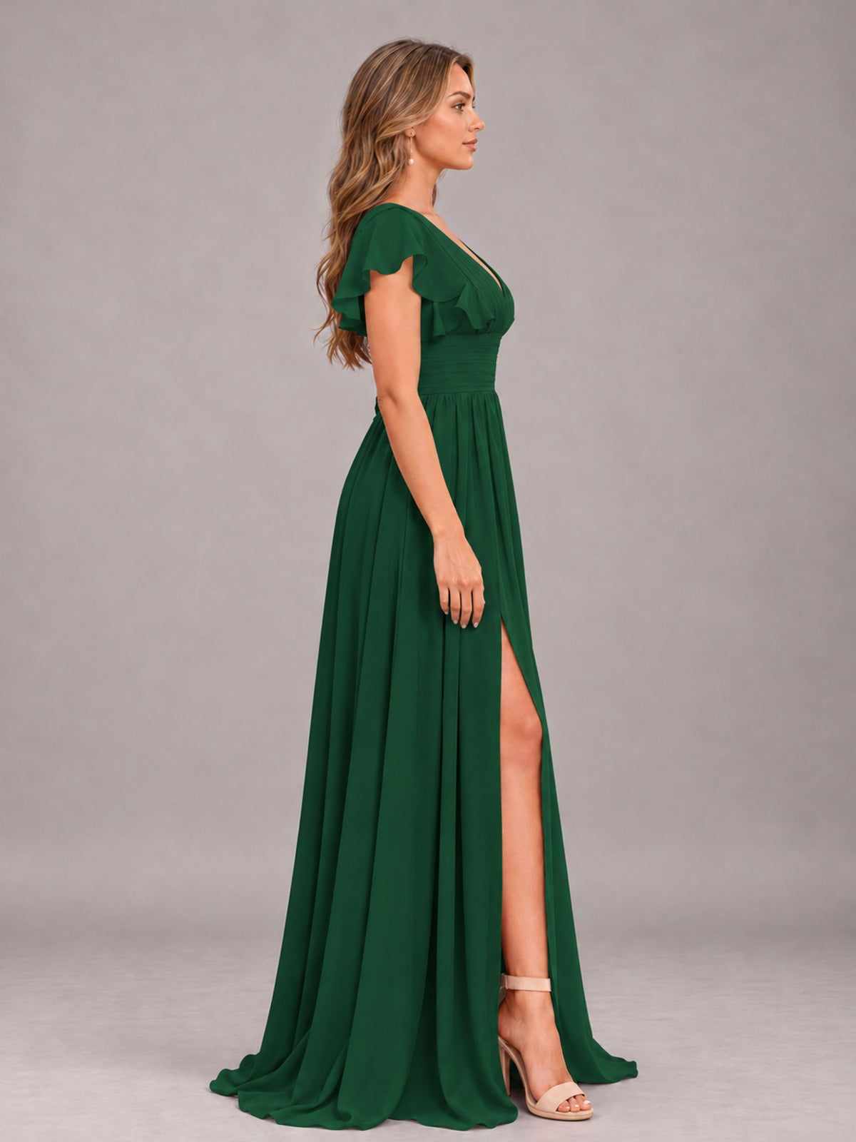 Emerald Green Sexy V-Neck Slit Floor Length Bridesmaid Dress With Pockets