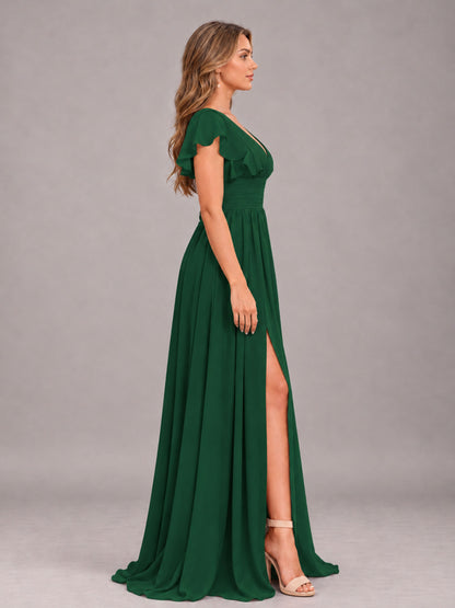 Emerald Green Sexy V-Neck Slit Floor Length Bridesmaid Dress With Pockets