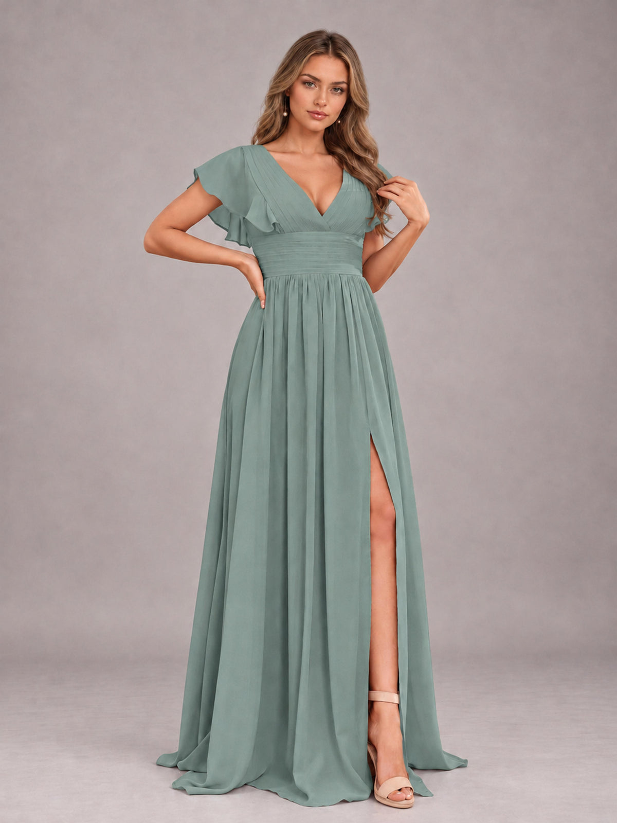 Eucalyptus Sexy V-Neck Slit Floor Length Bridesmaid Dress With Pockets