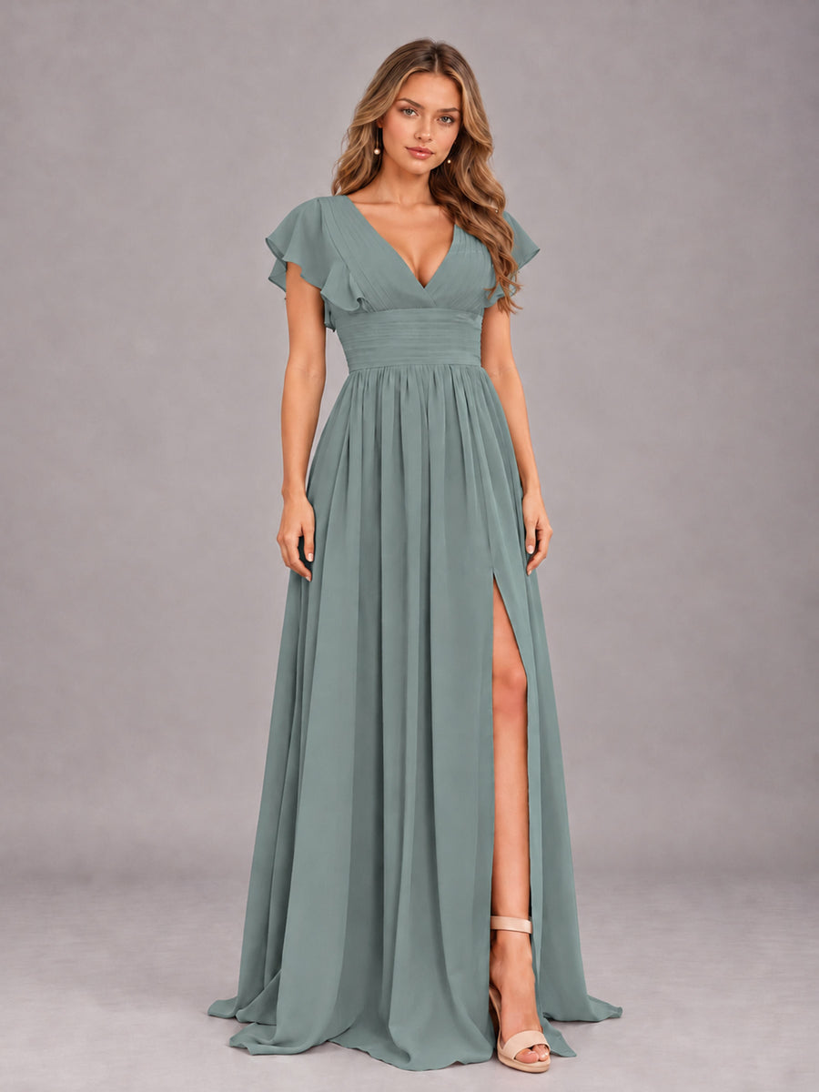 Eucalyptus Sexy V-Neck Slit Floor Length Bridesmaid Dress With Pockets